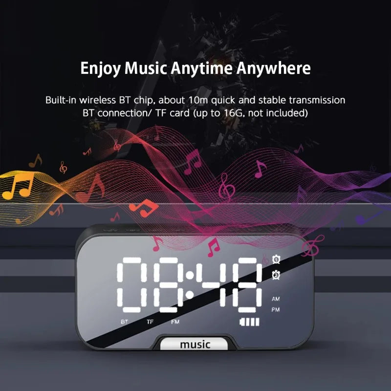 Bluetooth Speaker with LED Mirror Screen Digital Dual Alarm Clock with FM Radio Phone Holder Temperature For Bedroom Office