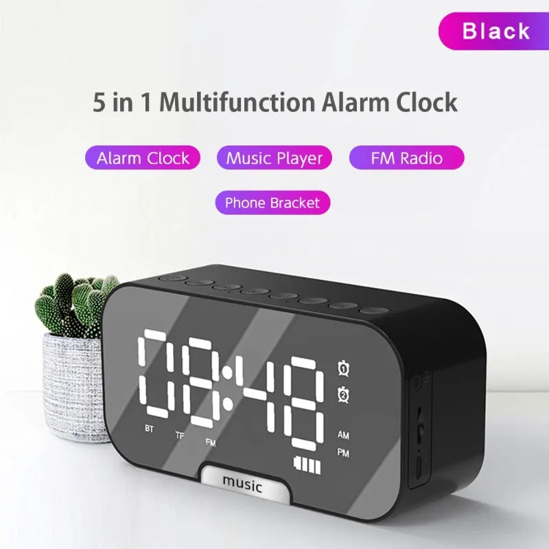 Bluetooth Speaker with LED Mirror Screen Digital Dual Alarm Clock with FM Radio Phone Holder Temperature For Bedroom Office