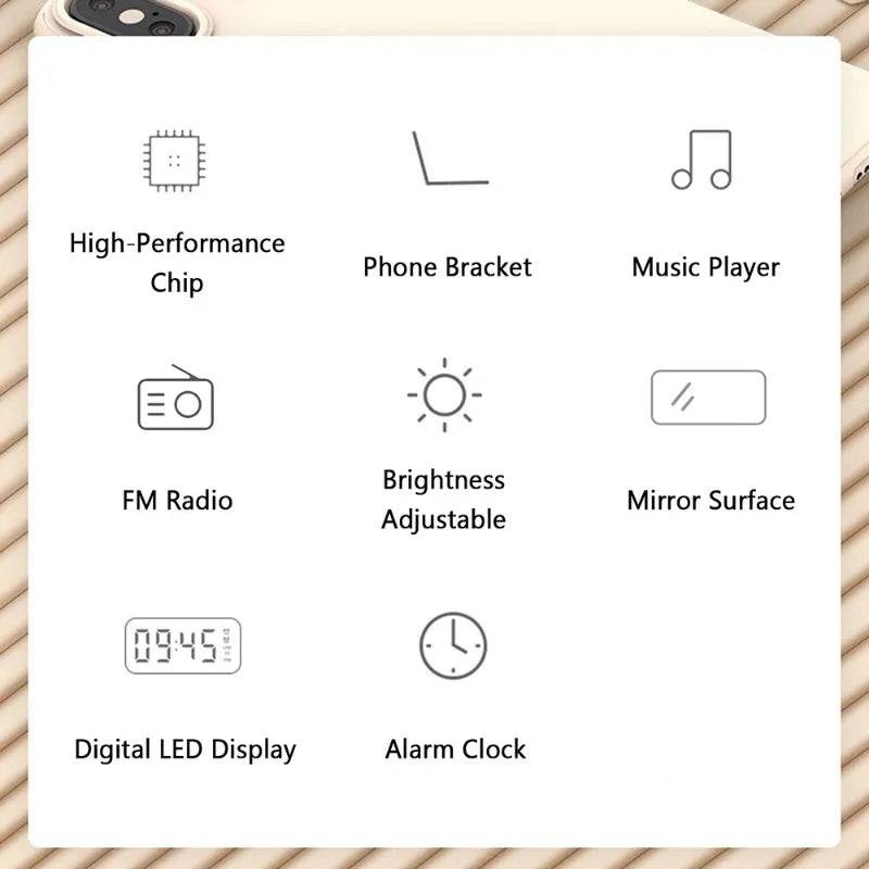 Bluetooth Speaker with LED Mirror Screen Digital Dual Alarm Clock with FM Radio Phone Holder Temperature For Bedroom Office