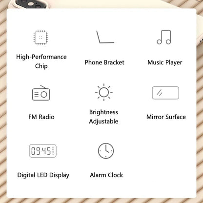Bluetooth Speaker with LED Mirror Screen Digital Dual Alarm Clock with FM Radio Phone Holder Temperature For Bedroom Office
