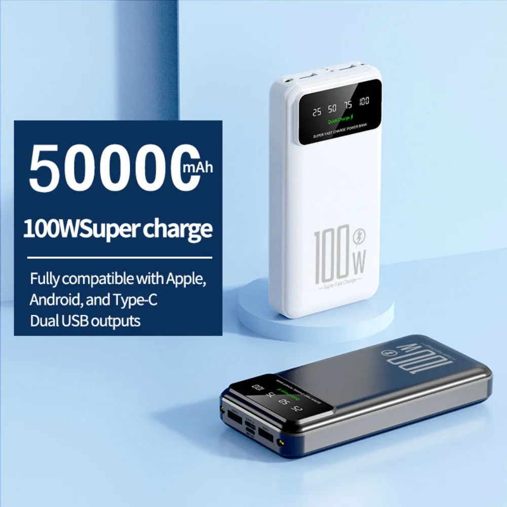2025 NEW Power Bank 50000mAh High Capacity 100W Fast Charging Portable Charger External Battery Pack Powerbank for IPhone Huawei
