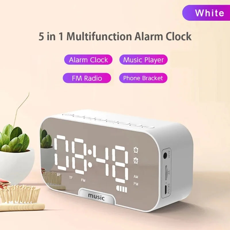 Bluetooth Speaker with LED Mirror Screen Digital Dual Alarm Clock with FM Radio Phone Holder Temperature For Bedroom Office