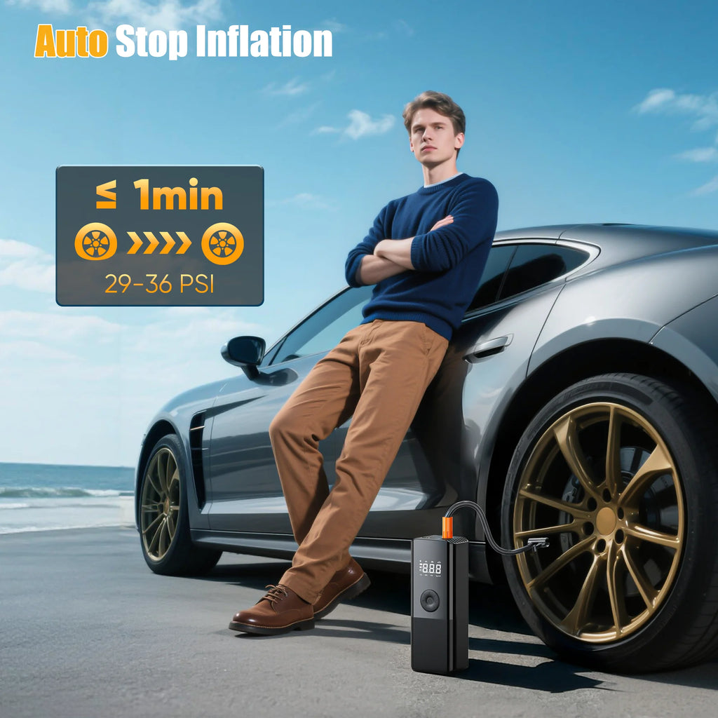 Tire Inflator Portable Air Compressor, for Car Tires with Automatic Shutoff, 150 PSI Digital Pressure Gauge, Emergency LED Light, Cordless and Compact Automotive Pump, Black