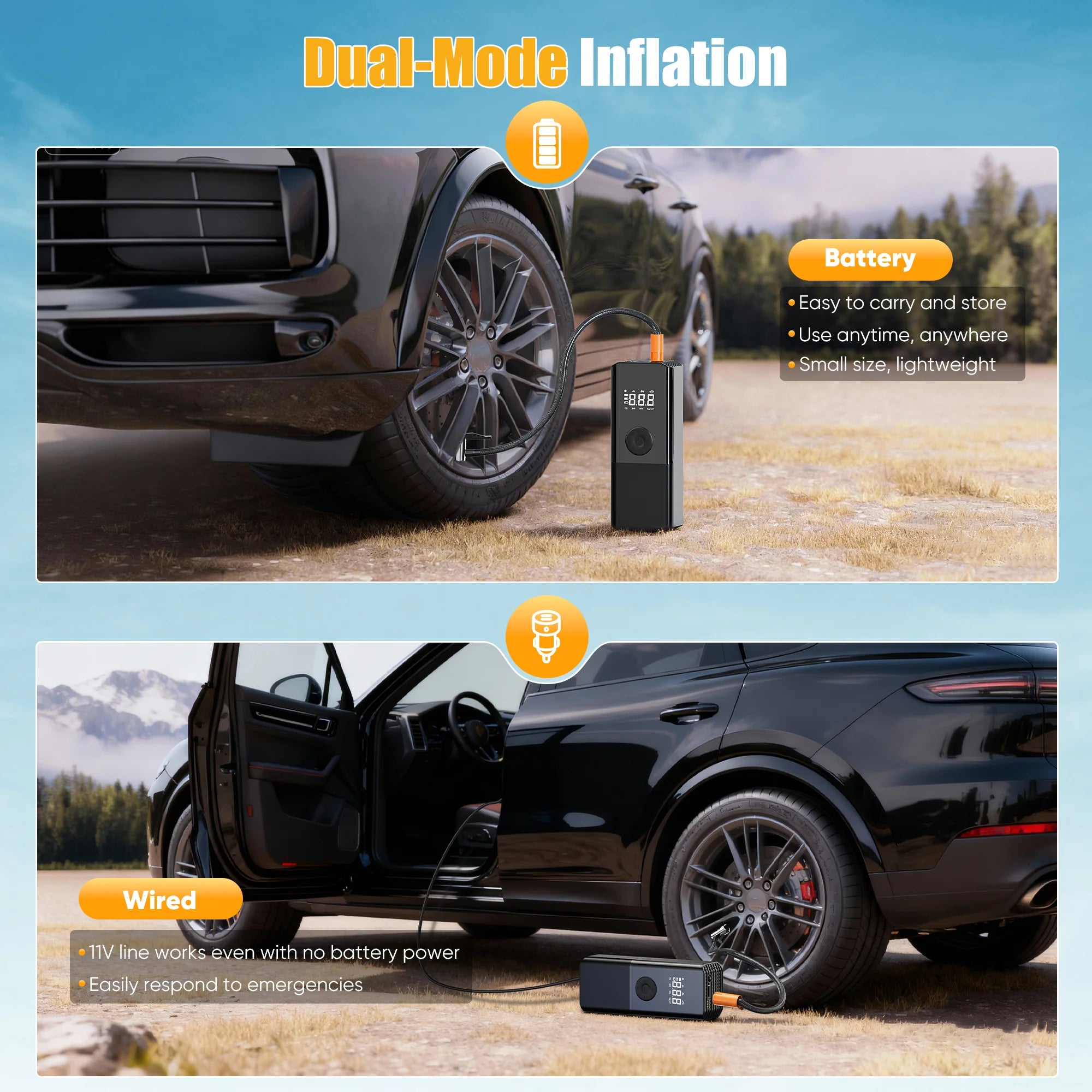 Tire Inflator Portable Air Compressor, for Car Tires with Automatic Shutoff, 150 PSI Digital Pressure Gauge, Emergency LED Light, Cordless and Compact Automotive Pump, Black