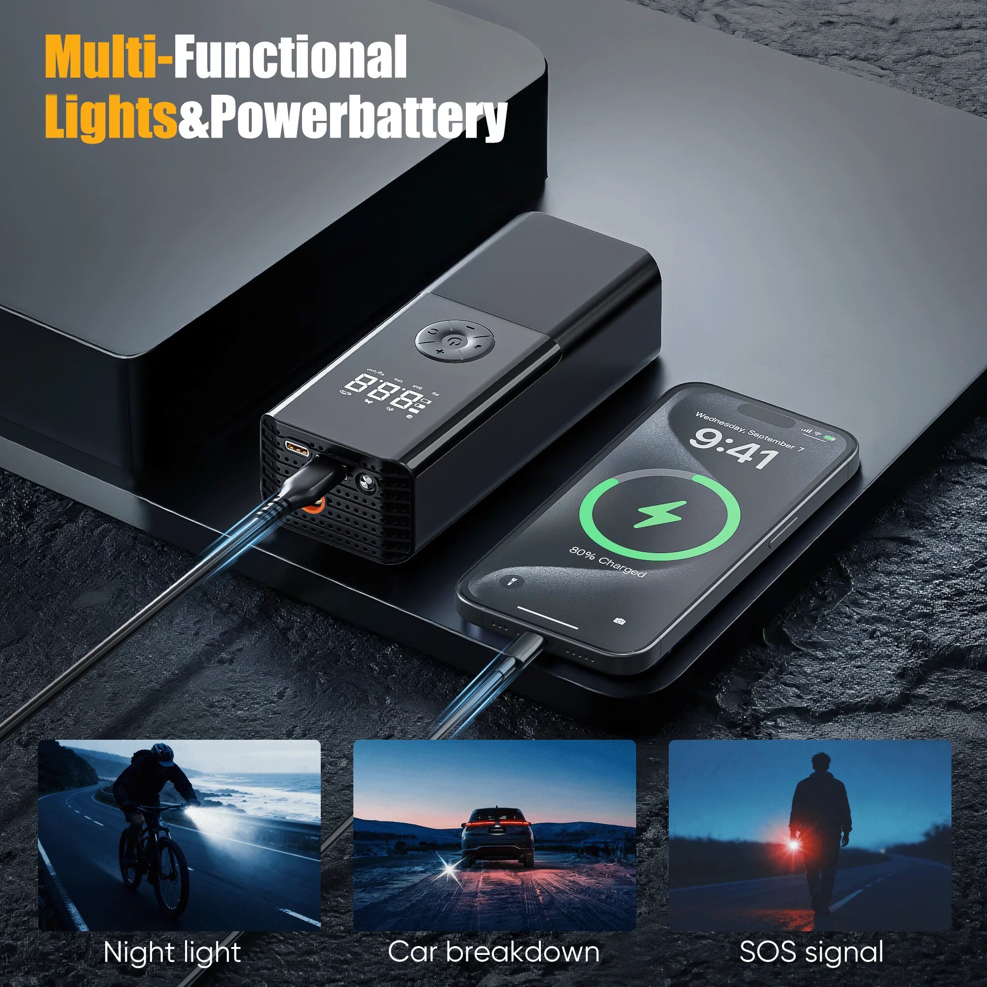 Tire Inflator Portable Air Compressor, for Car Tires with Automatic Shutoff, 150 PSI Digital Pressure Gauge, Emergency LED Light, Cordless and Compact Automotive Pump, Black